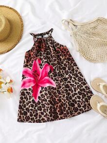 SHEIN 女童豹纹和花卉图案针织无袖休闲连衣裙 - 黑色 - 查看 4