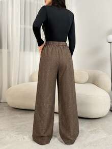 SHEIN Tall 教师装女装灰色褶裥优雅长裤带口袋，秋冬灰色高腰阔腿裤宽松大码裤商务职业女装宽松阔腿裤秋季女装冬季女装外出下装 - 棕色 - 查看 3