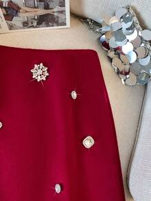 Elegant Short Skirt With Rhinestone Embellishment For Women - Burgundy - View 5