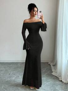 Rafferiza Petite 優雅黑色秋季假日晚餐洋裝，女款露肩喇叭袖魚尾裙擺中長洋裝，極簡百搭修身正式派對禮服，適合嬌小女性 - 黑色 - 查看 3
