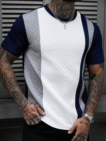 Manfinity CasualCool Camiseta de manga corta de cuello redondo con textura y contraste de color casual para hombre, verano