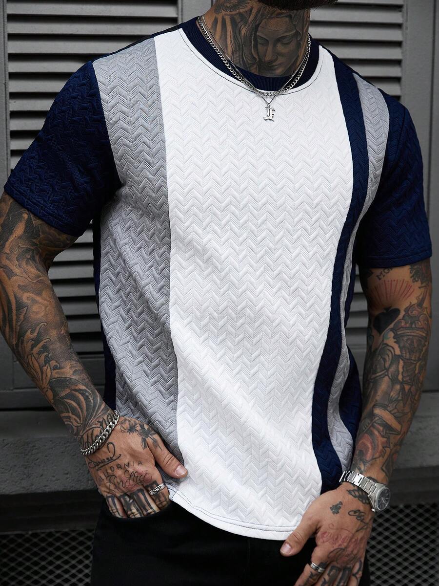 Manfinity CasualCool 男士休闲撞色纹理圆领短袖T恤，夏季男士时尚上衣，男士服装T恤，男士图案T恤，男士夏季穿搭，男士T恤，复古风格，日常休闲，周末旅行，户外活动，探险旅行，轻松的工作环境或半正式场合，男友/丈夫礼物，周年纪念/生日礼物，派对，夏季假期，沙滩装，夏威夷婚礼，春夏男士时尚上衣，男士图案T恤 - 彩色 - 查看 1