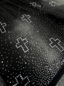 ROMWE MEN 男士抽绳腰带交叉水钻图案休闲百搭日常水洗短裤 - 黑色 - 查看 4