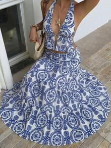 Sunnyshic 蓝色花卉复古印花V领系带露背荷叶边下摆长裙两件套，女士春夏度假波西米亚海滩优雅复古休闲百搭 - 藍色 - 查看 6