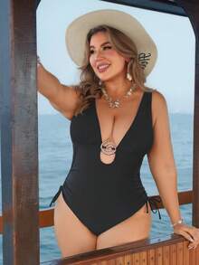 Swim Lushoire Áo tắm liền thân màu trơn mới dành cho nữ cỡ lớn, dây đeo có thể điều chỉnh, mút ngực có thể tháo rời, phần ngực khoét gợi cảm với phụ kiện kim loại cao cấp, áo tắm liền thân có dây rút giúp thon gọn vóc dáng, đồ bơi thời trang thường ngày cho kỳ nghỉ biển. - màu đen - Xem 5