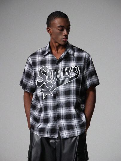 STYNVO Men's Plaid, Letter & Pentagram Print Casual Versatile Daily Wear Short Sleeve Shirt