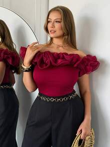 Auralis Plus Size Women's Solid Color Ruffle Off-Shoulder Fitted Fashionable T-Shirt Red Off Shoulder Top Burgundy Top Wine Red Top Dark Red Top Rose Top Elegant Ceremony T-Shirt For Women Spring/Summer Elegant T-Shirt For Women - Red - View 6