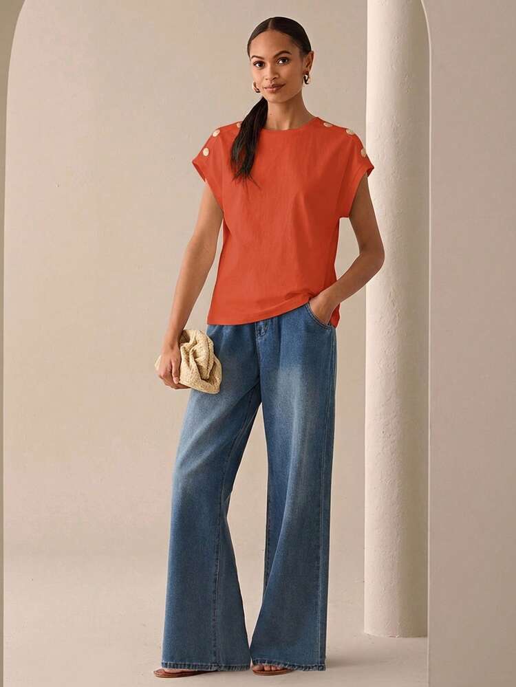 Lilora Áo thun nữ tay ngắn thiết kế nút kim loại, phong cách thường ngày thanh lịch, màu đỏ cam, 100% cotton, thời trang mùa hè, phong cách đô thị thanh lịch, phù hợp đi làm, đi tiệc, dạo phố hàng ngày, áo top cotton nữ - trái cam - Xem 6