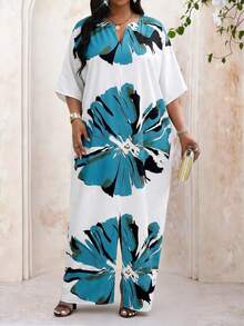 Fleurora Plus Size Casual Floral Print V-Neck Batwing Sleeve Maxi Dress,Women's White Summer Boho Flowy Vacation Holiday Beach Caftan,Tropical Resort Outfits - Multicolor - View 3