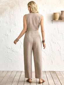 Breezaya New Summer Women's Jumpsuit, Casual Commute Women's Jumpsuit, Sleeveless V-Neck With Cross-Wrap Design, Tie Waist, Loose Straight Leg, Linen/Light Brown Fabric With Textured Texture, Women's Jumpsuit, Women's Vacation Wear, Women's Jumpsuit, Suitable For Outings, Women's Casual Jumpsuit - Brown - View 2