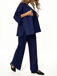 Aveloria Modichic 2件套 女士混纺侧开衩宽松衬衫和高腰阔腿裤 优雅商务休闲女装 - 霧霾藍 - 查看 3