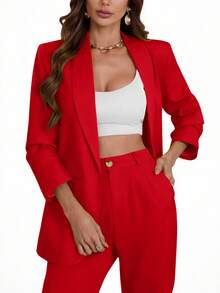 Aveloria Modichic Áo blazer cổ ve lật màu trơn, kiểu dáng thường ngày, thích hợp cho mùa xuân/thu. - Đỏ - Xem 4