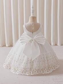 Glamorique Kids 花童生日派对婚礼假日礼服，女婴公主缎面连衣裙，白色薄纱蓬蓬裙，可拆卸蝴蝶结设计，适合正式场合、舞台表演、钢琴演奏、派对或特殊活动，夏季，欧美风格，金色刺绣蕾丝边白色薄纱蓬蓬裙，蝴蝶结露背连衣裙，舞台表演，中东奢华正式礼服 - 白色 - 查看 4