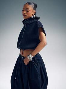 Denimoi High Neck Zip Front Denim Vest Fashionable Denim Tops Denim On Denim Cinched Waist Denim Top - Dark Wash - View 4