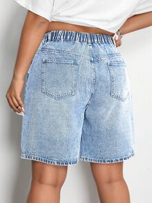 SHEIN EZwear Quần short denim thường ngày màu trơn cỡ lớn có túi, mùa hè - Rửa nhẹ - Xem 2