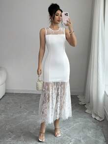 SHEIN Elenzya 优雅黑色蕾丝网纱连衣裙，时尚性感，适合日常穿着、婚礼季派对、夏季派对、海滩度假、浪漫约会，最新款式 - 白色 - 查看 5