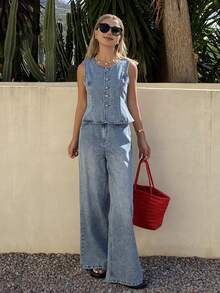 Livesso 春夏宽松休闲度假风蓝色圆领背心和阔腿牛仔裤 Old Money 女士牛仔套装 - 藍色 - 查看 5