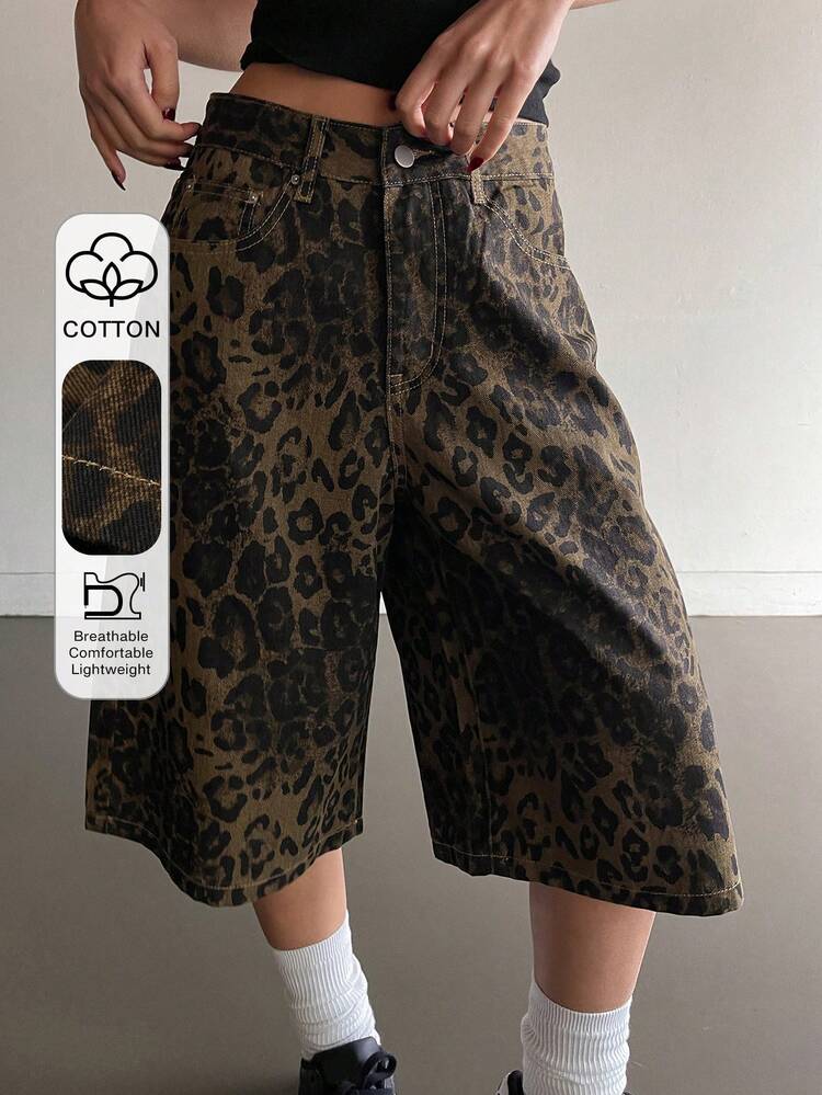 Women's Casual Loose Fit Distressed Leopard Print Denim Shorts, Suitable For Spring And Summer Jorts