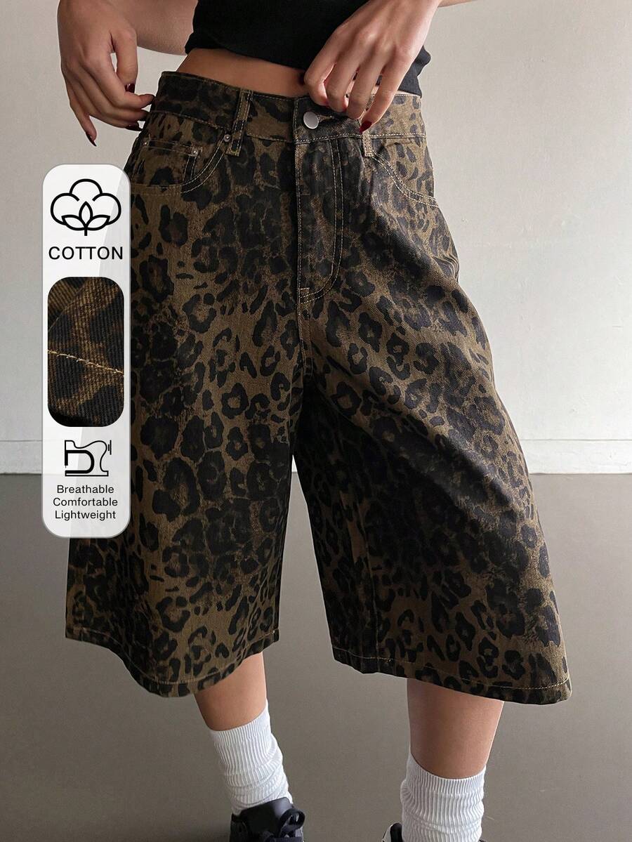 DAZY Pantaloncini di jeans casual e ampi con stampa leopardata e effetto consumato, adatti per la primavera e l'estate - Castano - Visualizzare 1