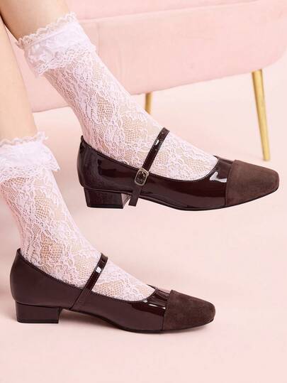 CUCCOO DOLLMOD 复古方头拼接玛丽珍鞋 女款 法式单字扣 天鹅绒气质粗跟通勤高跟单鞋