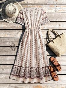 Franclia Holidaya 女士优雅 2026 春夏度假沙滩日常时尚休闲 V 领喇叭袖复古长裙 - 卡其色 - 查看 2