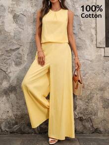 Ellevyn Women's Elegant Loose Camisole & Wide Leg Pants Gold Foil Printed 2 Pieces Set, Suitable For Wedding, Party Vacation Outfits Women - Yellow - View 3