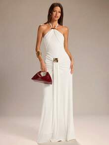 SHEIN BAE Đầm chữ A màu trắng trơn dành cho nữ, kiểu cổ yếm buộc dây eo, trang trí khóa kim loại, thích hợp cho đám cưới. - trắng - Xem 1