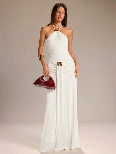 SHEIN BAE Women's White Solid Color Halter Tie Waist Metal Buckle Decor A-Line Dress For Wedding
