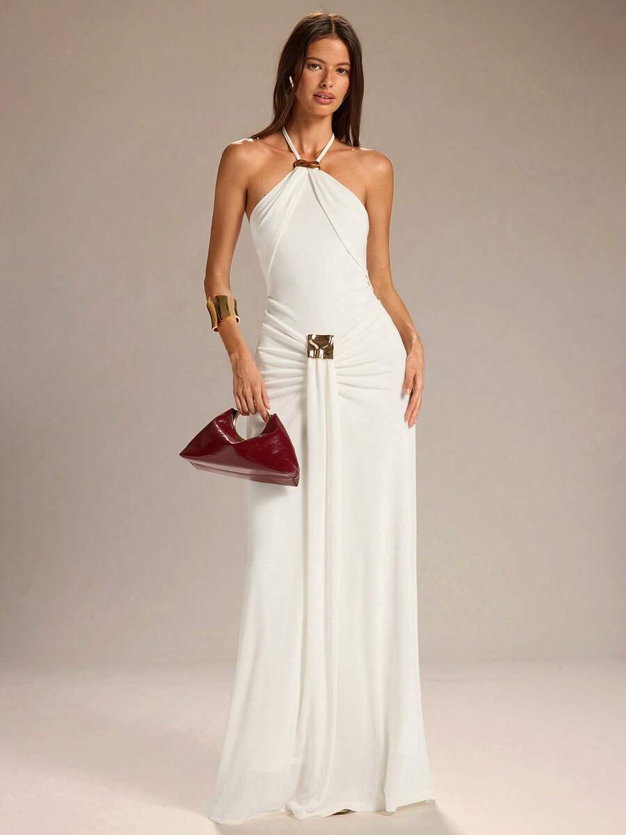 SHEIN BAE Đầm chữ A màu trắng trơn dành cho nữ, kiểu cổ yếm buộc dây eo, trang trí khóa kim loại, thích hợp cho đám cưới. - trắng - Xem 1