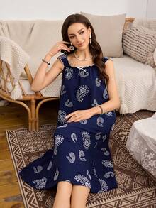 SHEIN Đầm ngủ nữ màu xanh hải quân viền bèo nhún họa tiết Paisley, chất liệu vải dệt mềm mại và thoải mái, thích hợp cho thời gian rảnh rỗi và kỳ nghỉ. - Màu xanh hải quân - Xem 1