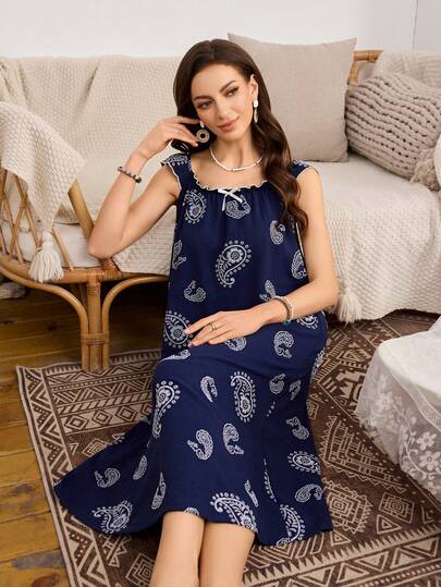 SHEIN Women's Navy Blue Frill Trim Casual Sleepwear Dress With Paisley Print, Soft & Comfortable Woven Fabric, Suitable For Leisure & Vacation
