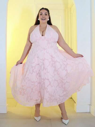 Pretty and Ole 大码女式春夏粉色 V 领露背纹理面料雪纺连衣裙、女式复活节连衣裙、毕业服装、女式性感俱乐部服装、女式春季服装、夏装、节日晚会服装、女式生日服装、婚礼服装、女式度假服装、音乐会