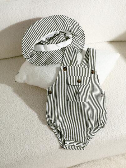 Newborn Baby Boy/Girl Neutral Clothes Set, Green & White Striped Overalls Rompers, Comfortable Versatile Casual Minimalist Style, Suitable For Spring, Summer, Indoor, Outdoor, Daily, Sports, Party, Festival, 0-3 Years Old
