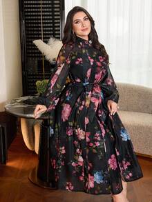 Modelyn Floral Print Stand Collar Long Sleeve Loose Regular Dress, Plus Size, Spring/Autumn - Multicolor - View 5