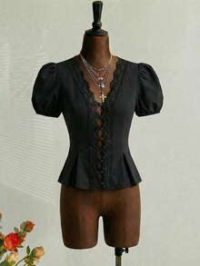 SHEIN MOD Bluză neagră cu mâneci bufante și dantelă pentru femei - Negru - Vizualizare 2