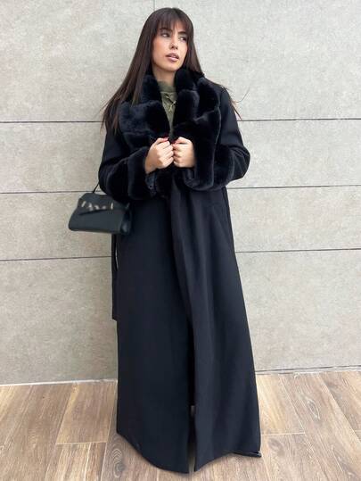 Hitanina Women's Solid Color Fluffy Shawl Collar Long Sleeve Long Elegant Wool Blend Coat, Vintage Coat Winter Fall Women Clothes Halloween Customs Women Concert Outfits Winter Women Clothes Fur Coat Stylish And Warm, Suitable For Parties And Outings  In Fall/Winter