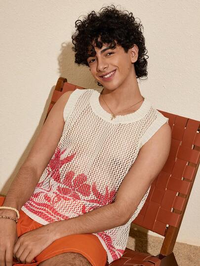 Felipe Marques 男士印花撞色宽松针织背心，休闲百搭，适合秋季、冬季、春季、度假、海滩派对、海岛度假村等场合。