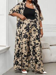 SHEIN Lady Bộ áo choàng và quần dài in hoa dành cho nữ cỡ lớn, kiểu dáng thường ngày, gồm 2 món. - Nhiều màu - Xem 6