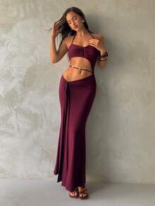 Aloruh 女士新款纯色酒红色连衣裙，吊带性感优雅女士连衣裙，波西米亚串珠装饰女士罩衫，女士度假装，女士沙滩裙 - 酒紅色 - 查看 5