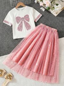 SHEIN 两件套少女休闲珠宝装饰圆领短袖T恤搭配优雅薄纱亮片半裙，春夏皆宜，适合度假、旅行。 - 彩色 - 查看 4