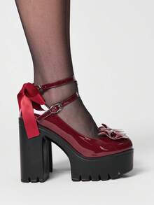 ROMWE Kawaii Women's Sexy Platform Mary Jane Shoes With Lace Bow Embellishment At The Back; Stylish Double-Strap Adjustable Back Strap With Buckle For Spring And Autumn; Perfect For Parties, Outings, And Dates. Y2K 2000s Style - Burgundy - View 4