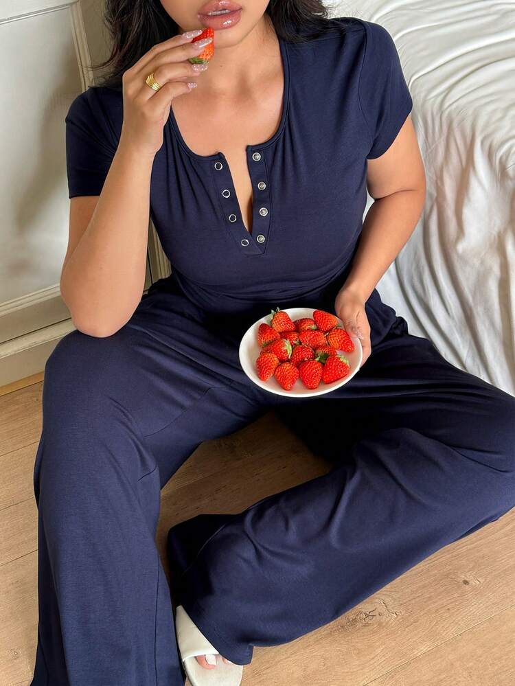 Dazy Plus 2pcs Casual Solid Color Short Sleeve Top And Long Pants Pajama Set, Spring/Summer Home Wear