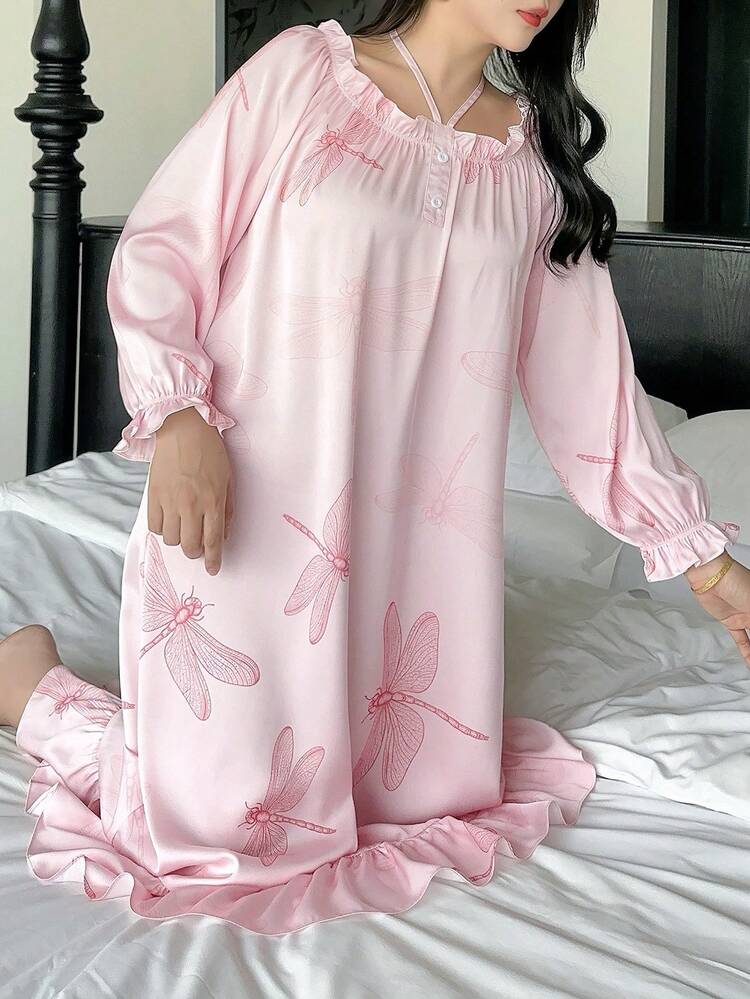 Dazy Plus Plus Size Women's Spring/Autumn Dragonfly Print Ruffle Halter Neck Flare Sleeve Loose Nightgown