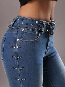 TRNVIE Retro Casual Rivet Decor Low Waist Flare Leg Jeans - Medium Wash - View 5