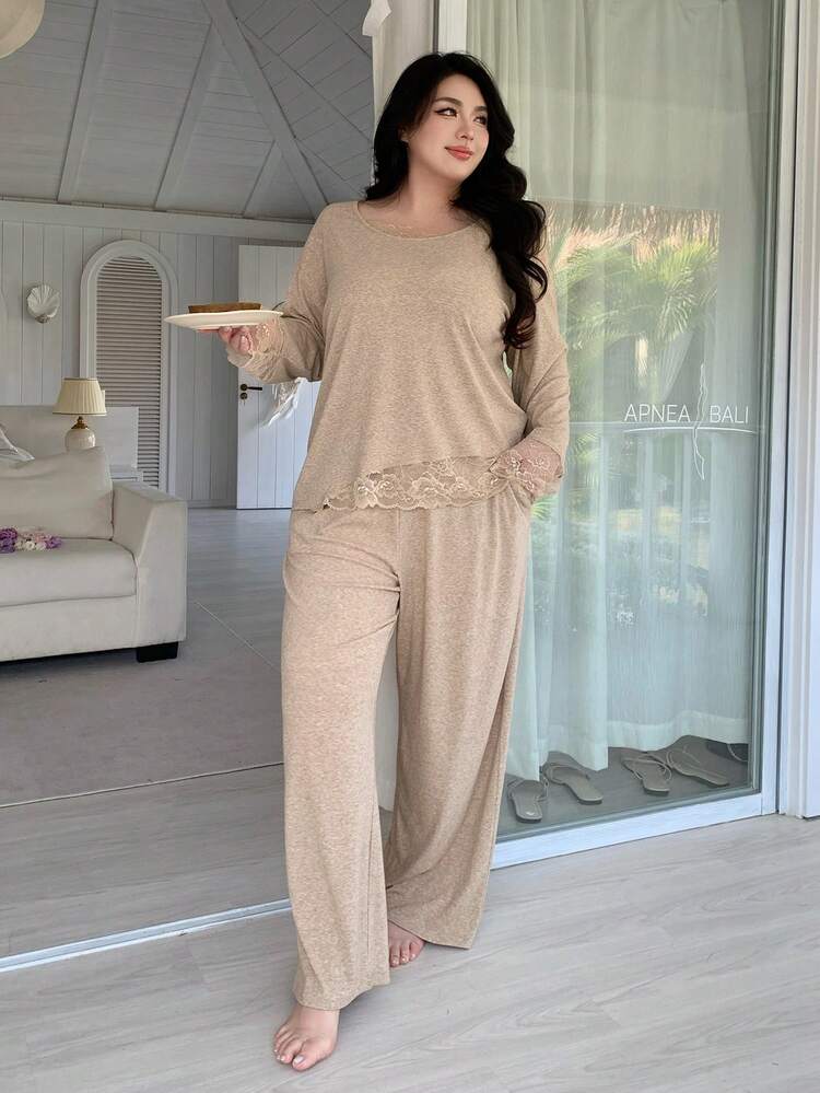 Dazy Plus Plus Size Women Spring/Autumn Solid Color Contrast Lace Loose Fit Pajama Set With Dropped Shoulder Top And Pants