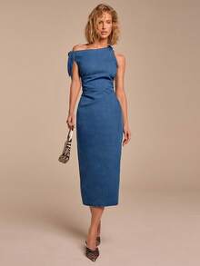 COSMINA Women's Denim Dress, Asymmetrical Shoulder Collar, Blue Denim Dress, Summer Outfit For Women, Summer Vacation Women's Denim Dress, Casual Daily Wear, Women's Relaxed Denim Dress - Blue - View 1