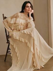 Anewsta Women's Long Sleeve Round Neck Lace Trim Dress,Cream Summer Elegant Party Flowy Chiffon Layered Ruffle Hem Ethereal Frilly French Style Wedding Dress - Apricot - View 7