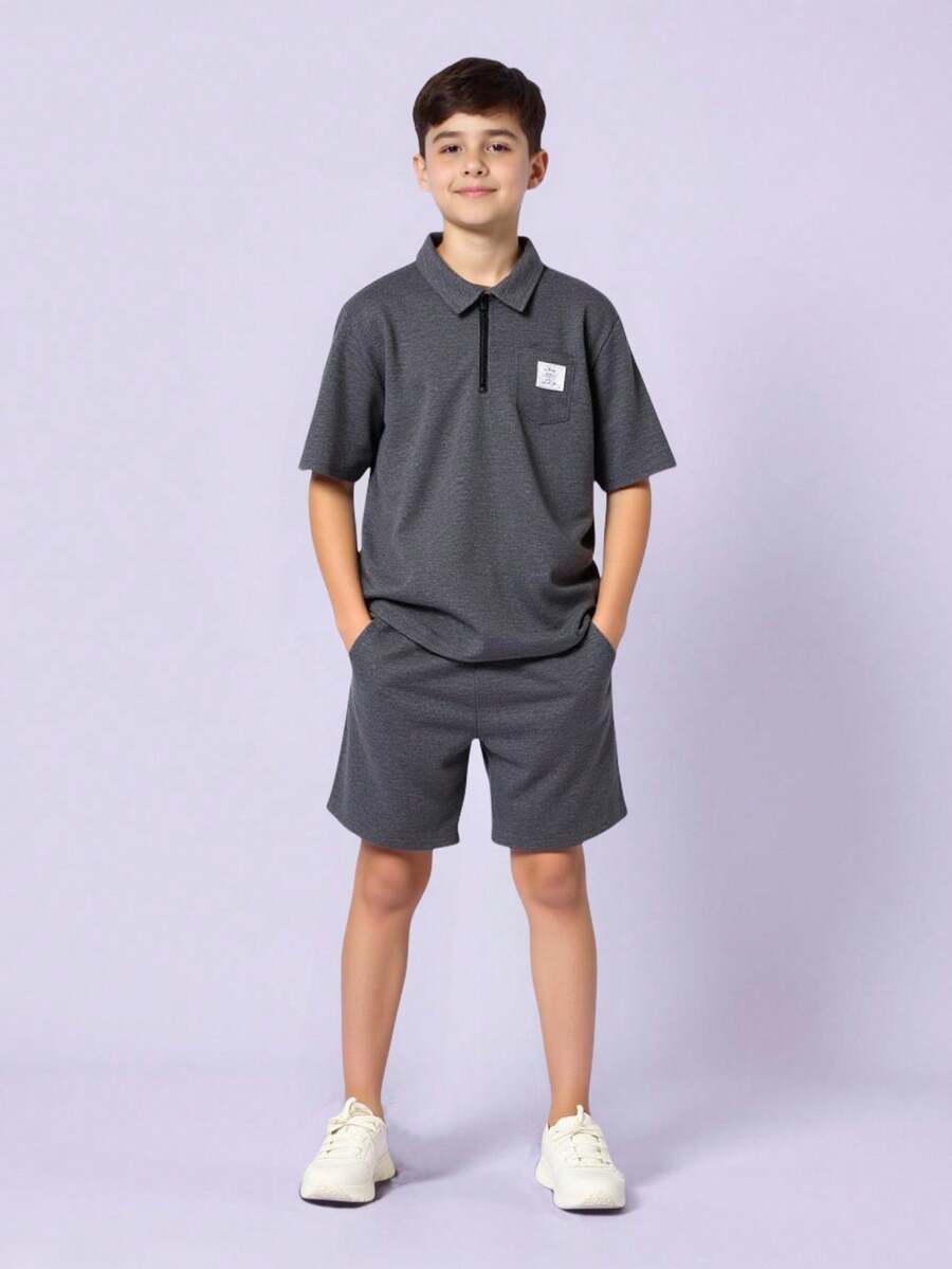 SHEIN 2件套青少年男童宽松纯色翻领短袖polo衫和短裤套装，休闲装，适合通勤、上学、日常、运动，春夏皆宜