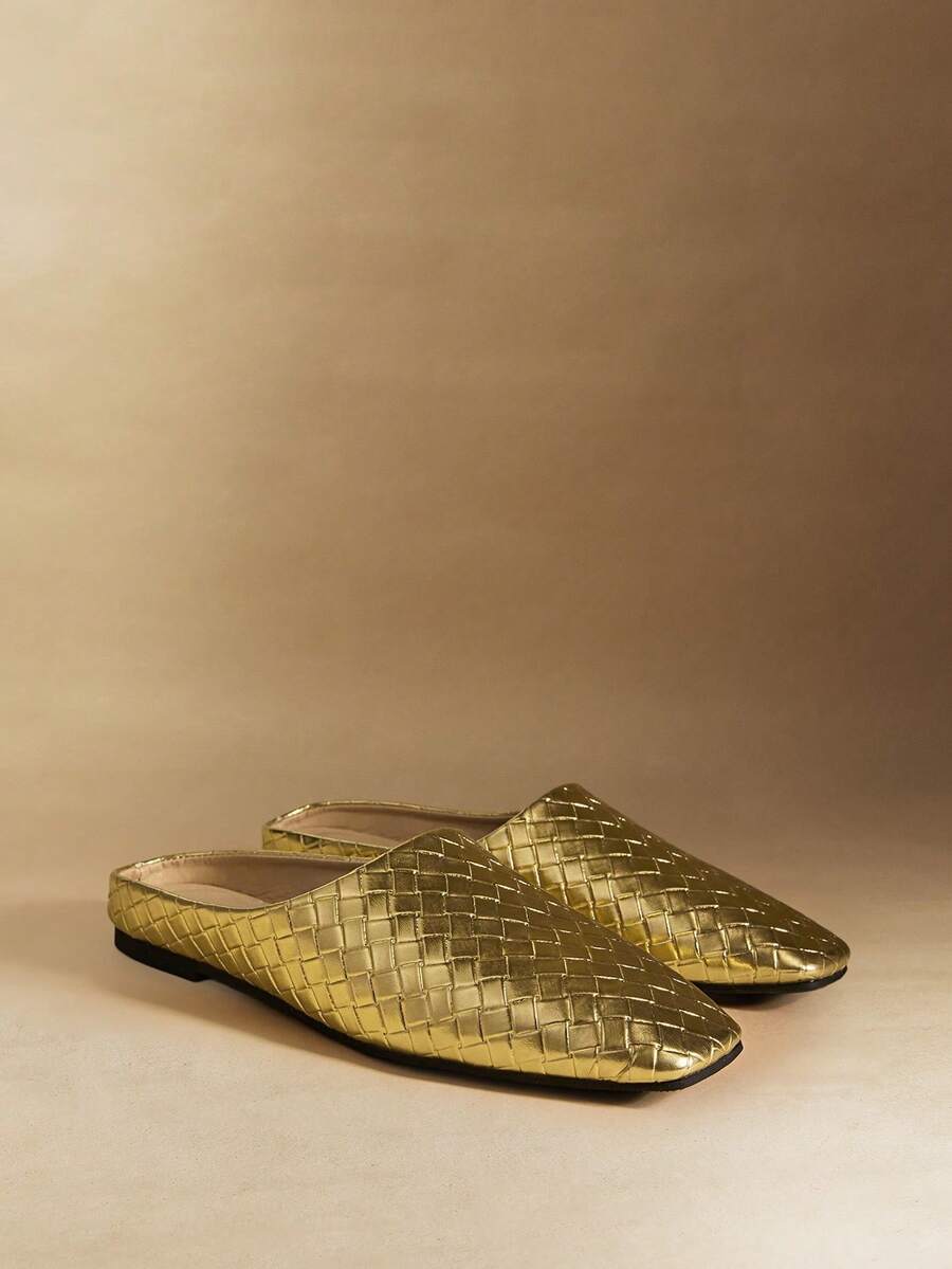 Rosivie Women's Fashion Versatile Woven Slip-On Square Toe Flat Shoes - Gold - View 1