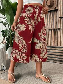 SHEIN LUNE CURVE Plus Size Casual Leaf Print Elastic Waist Pants - Burgundy - View 3